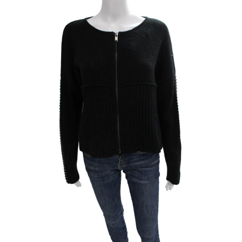 AMS Pure Womens Full Zip Sweater Black Long Sleeve Round Neck Wool Blend Size 6